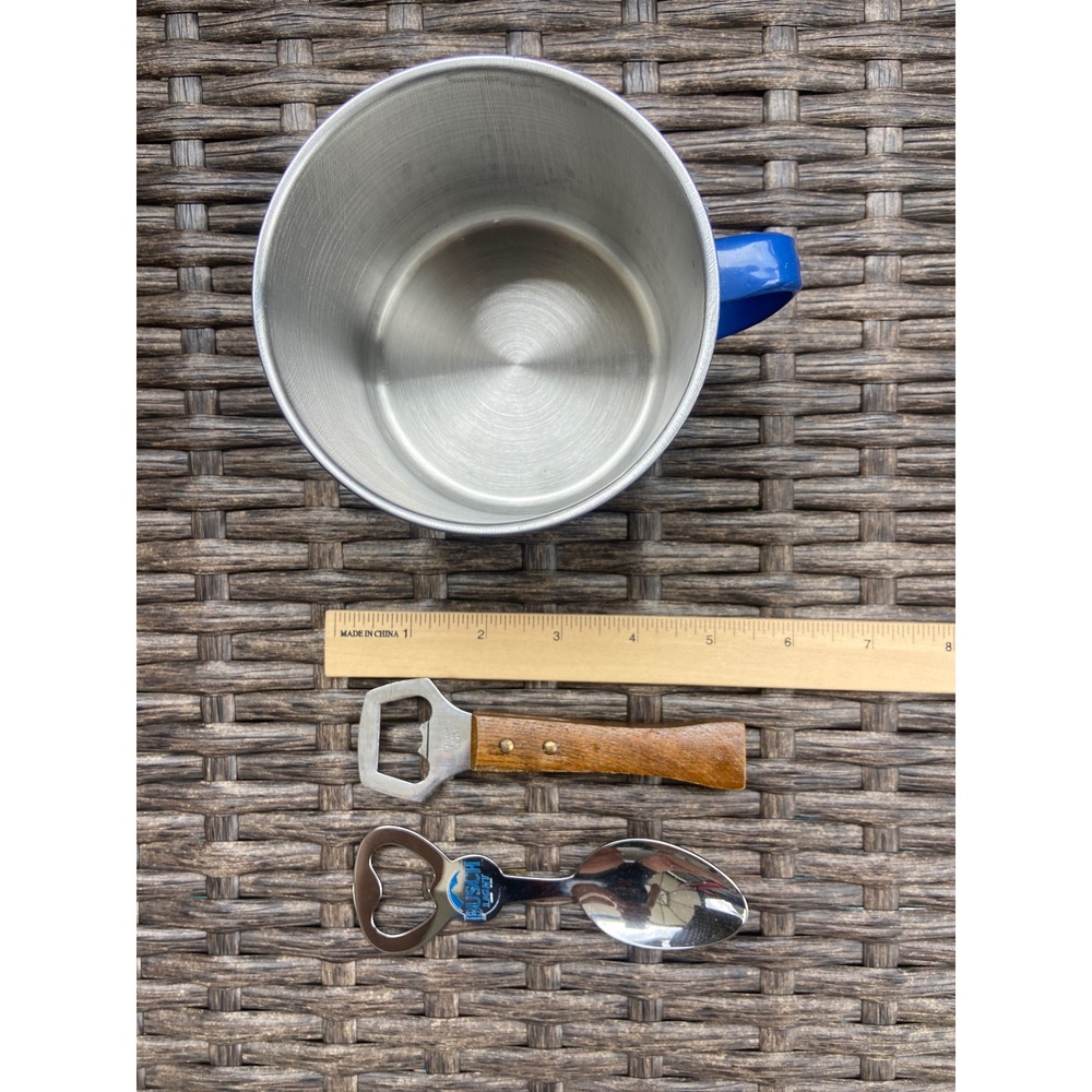Busch Light Tin Mug and Vintage Bottle Opener Set Blue Enamel Style Cup Spoon - Picture 2 of 5